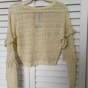 Anthropologie Open-Knit Ruffle Sleeve Top - Cream